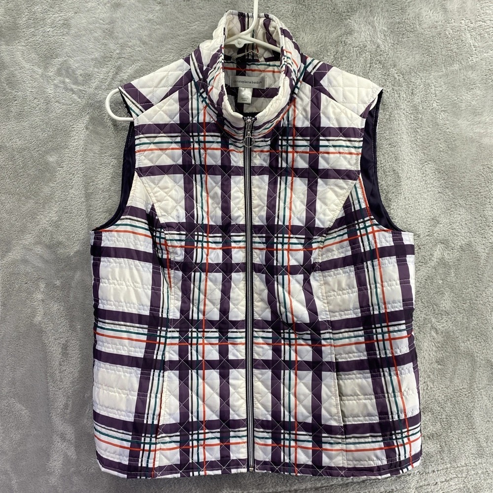 Christopher & Banks Plaid Quilted Snap Vest Women L Green Blue Classic Outdoor